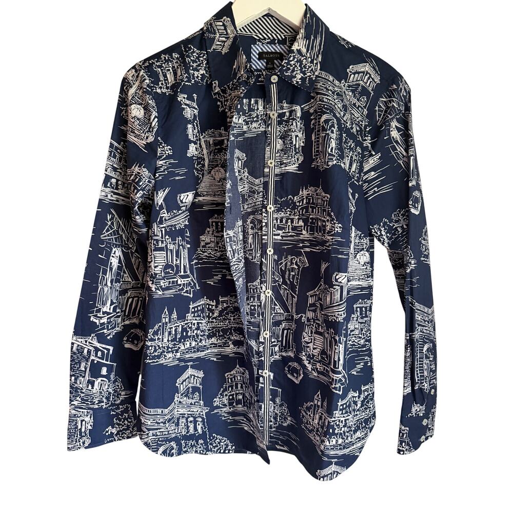 Talbots Navy White Architectural Toile Print Cotton Button Down Shirt Small